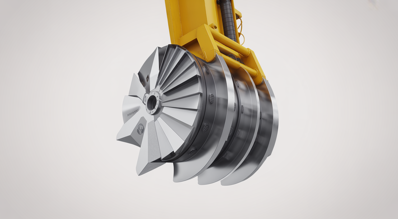 Close-up of a modern dredge cutterhead, emphasizing engineering and quality for manufacturing