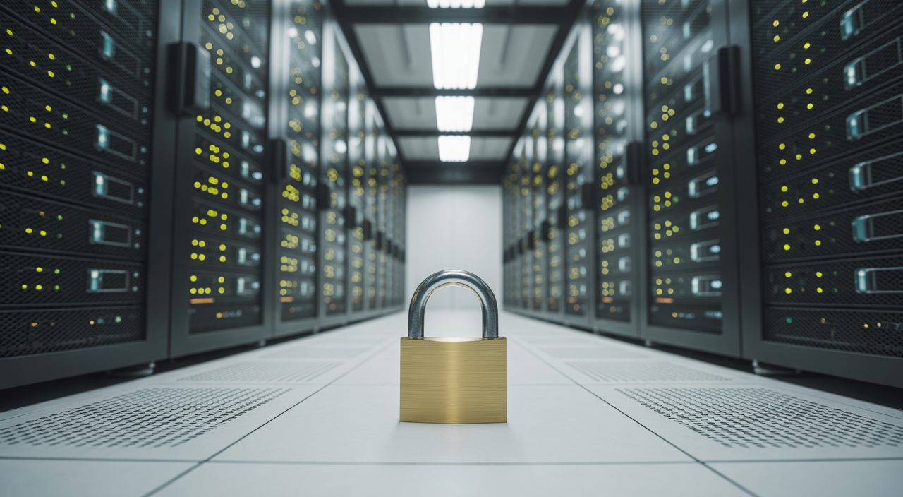 Cybersecurity server network with padlock