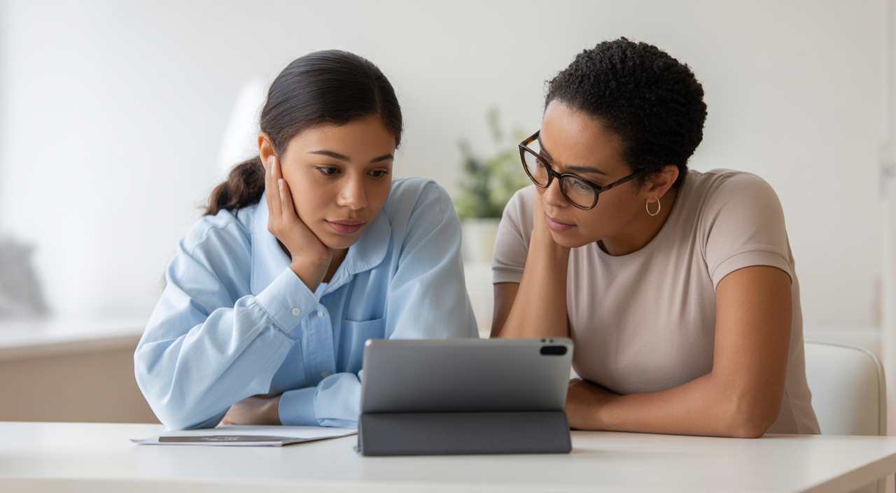Parent and college student reviewing financial aid documents, symbolizing future planning for education costs