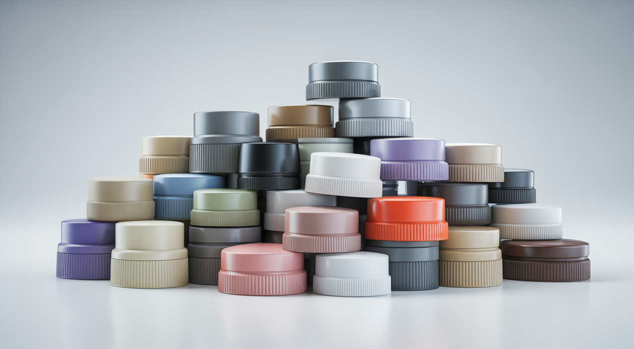 Assortment of plastic caps for product packaging, displaying variety and quality