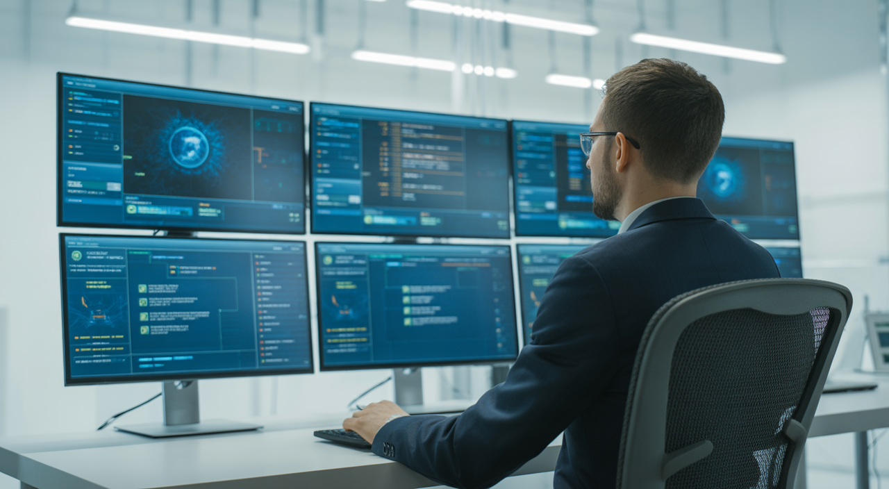 Cybersecurity consultant analyzing data on a futuristic dashboard