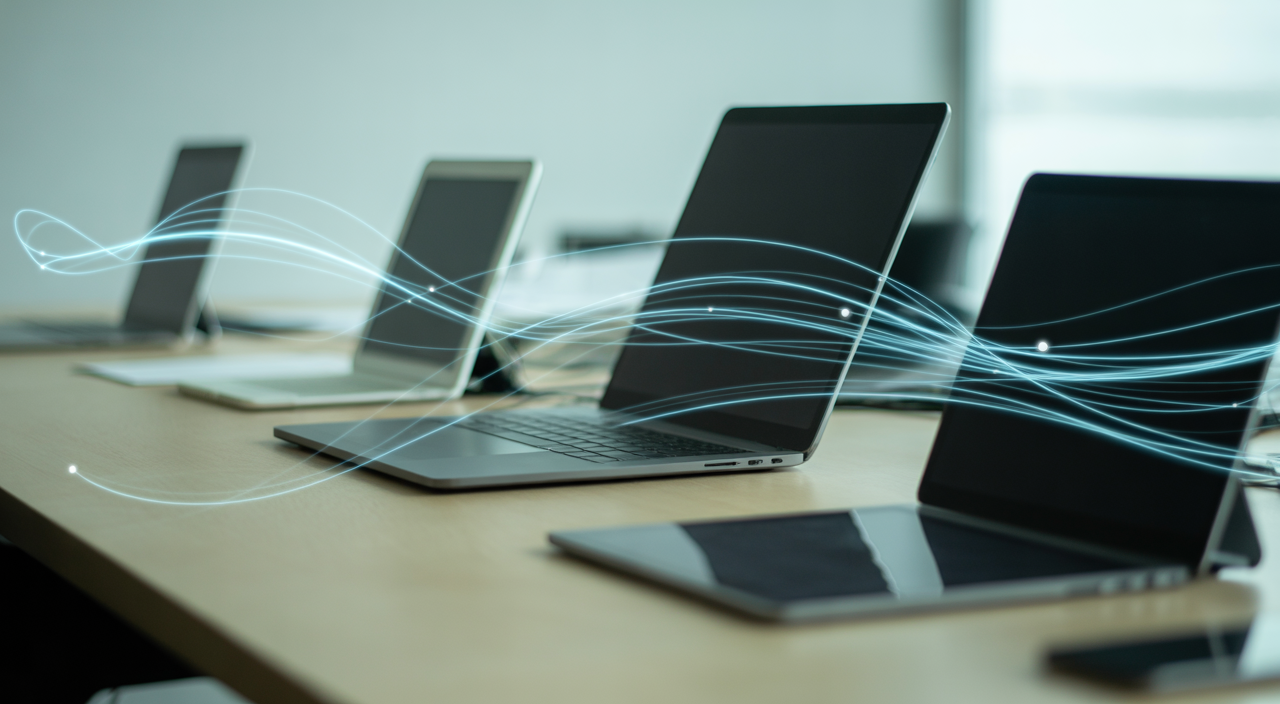 Hero image showing digital transformation with glowing lines connecting various devices in a modern office