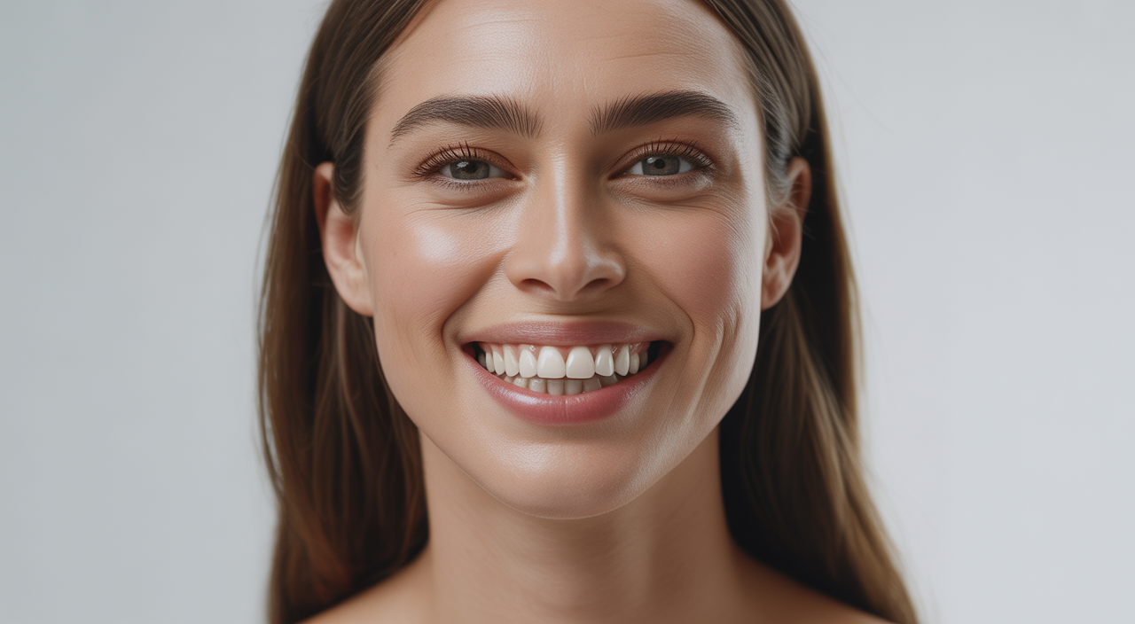 Close-up professional portrait of a smiling woman with perfect white dental veneers on a clean white background