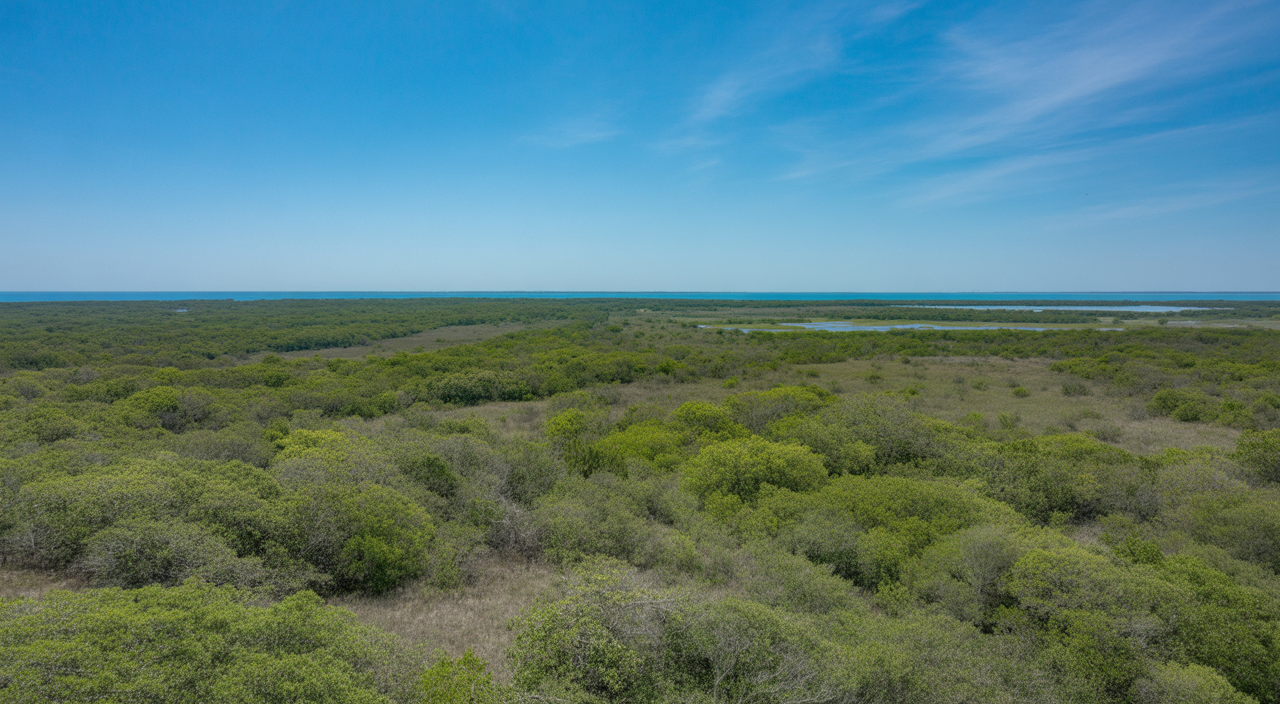 Scenic photorealistic view of undeveloped Florida land with greenery and distant water, representing Florida land investment