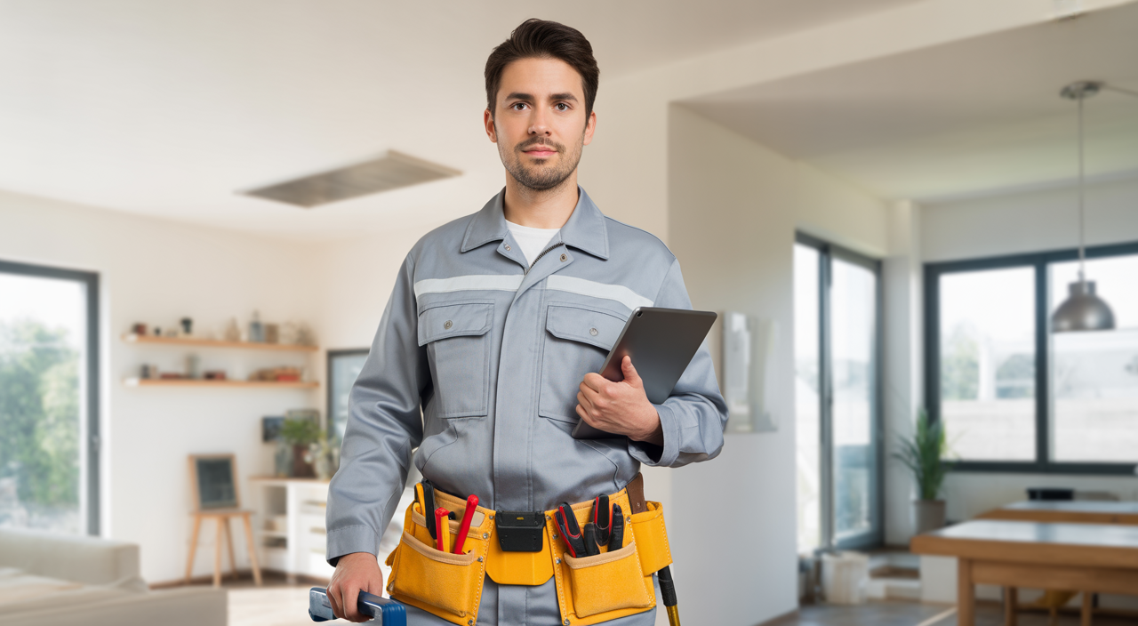 Professional handyman in Dubai with tools and tablet, representing reliable home services.