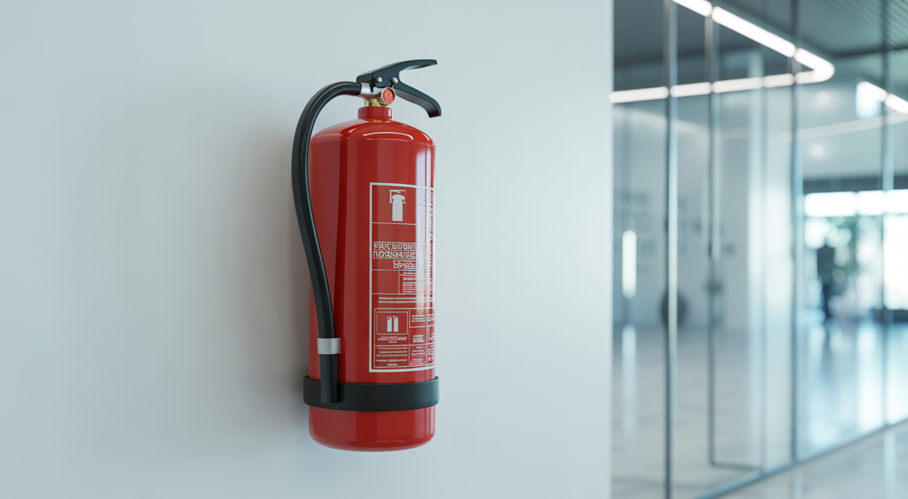 A bright red fire extinguisher prominently displayed on a clean white wall, symbolizing fire safety and compliance in a business.
