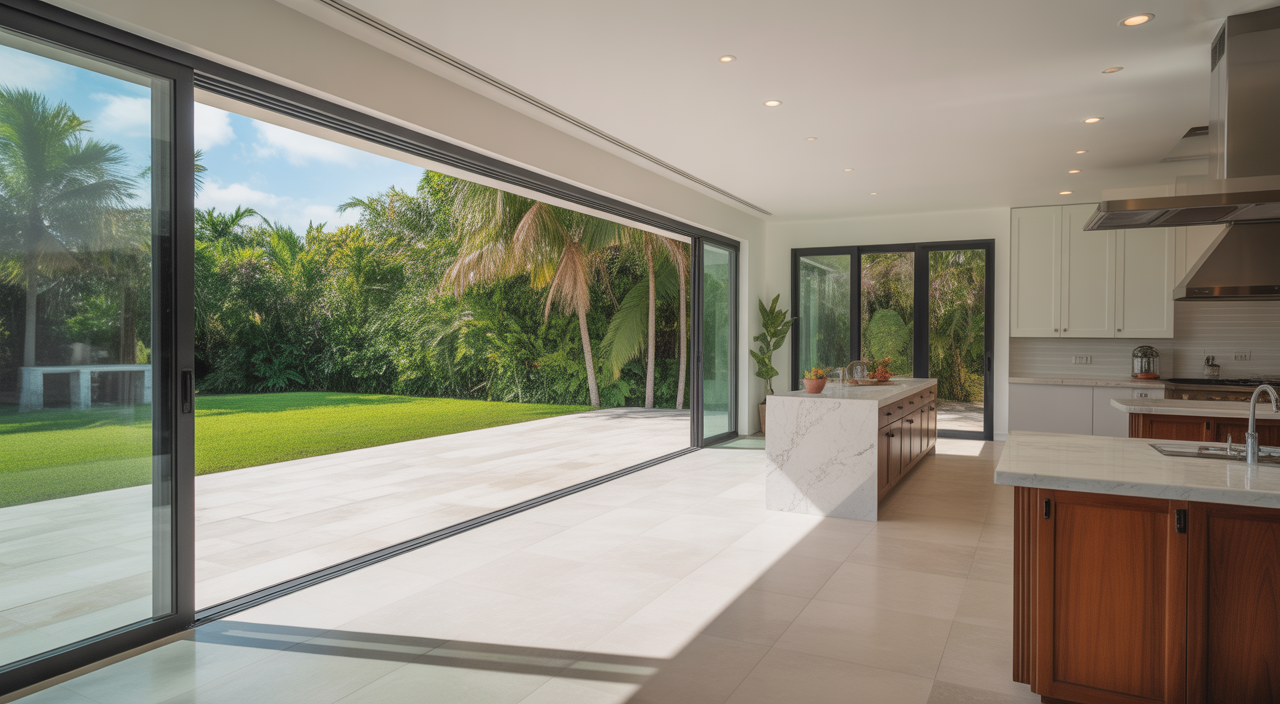 Bright, modern Florida kitchen with large sliding doors opening to an outdoor patio, emphasizing indoor-outdoor living.
