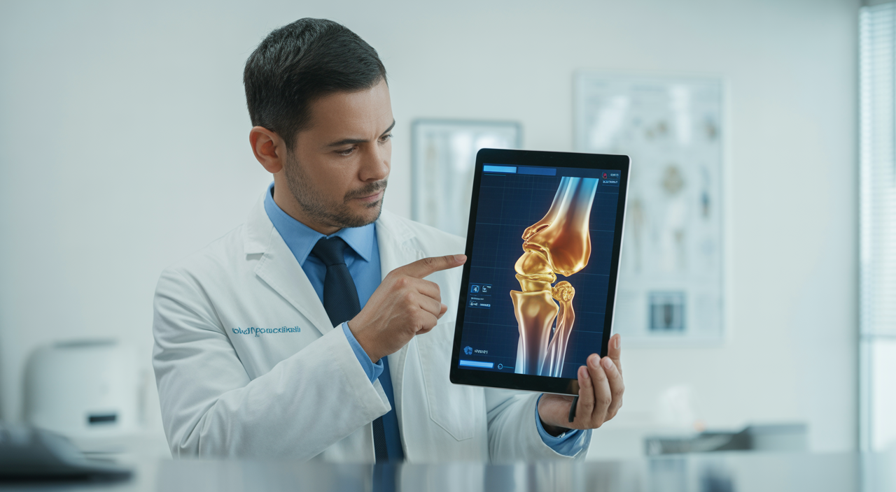Professional orthopedic specialist reviewing a 3D joint model on a tablet in a modern medical office.
