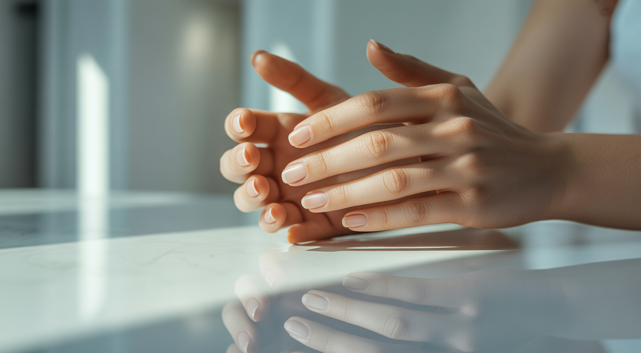 Close-up of perfectly manicured hands with healthy nails, symbolizing an organic nail salon experience