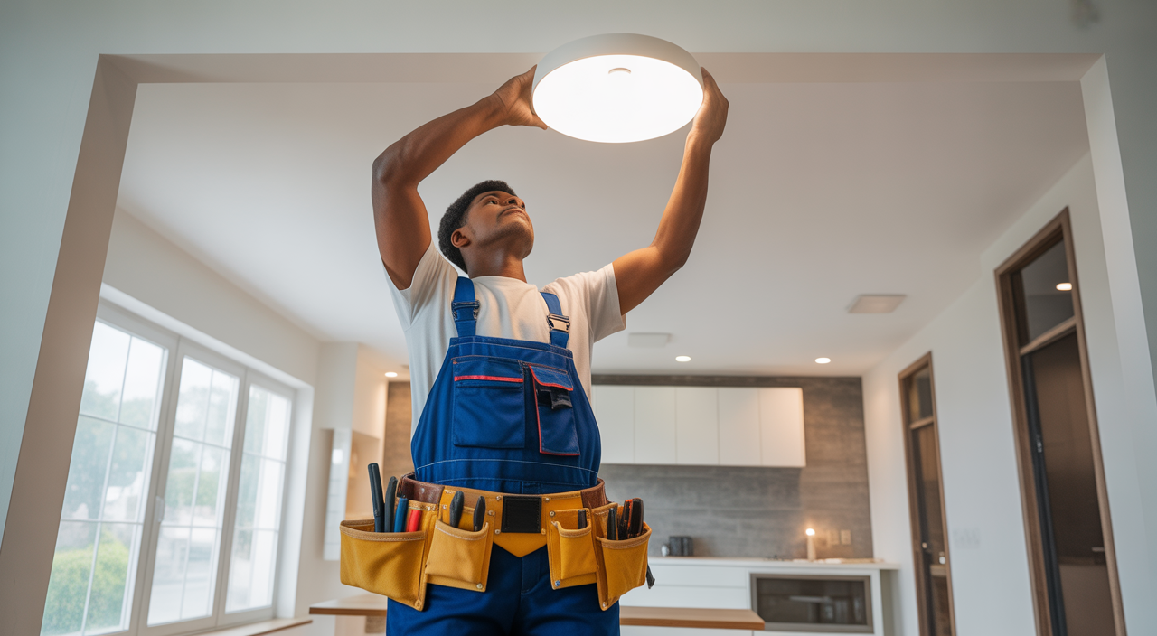 Professional handyman working on a light fixture in a modern Atlanta home