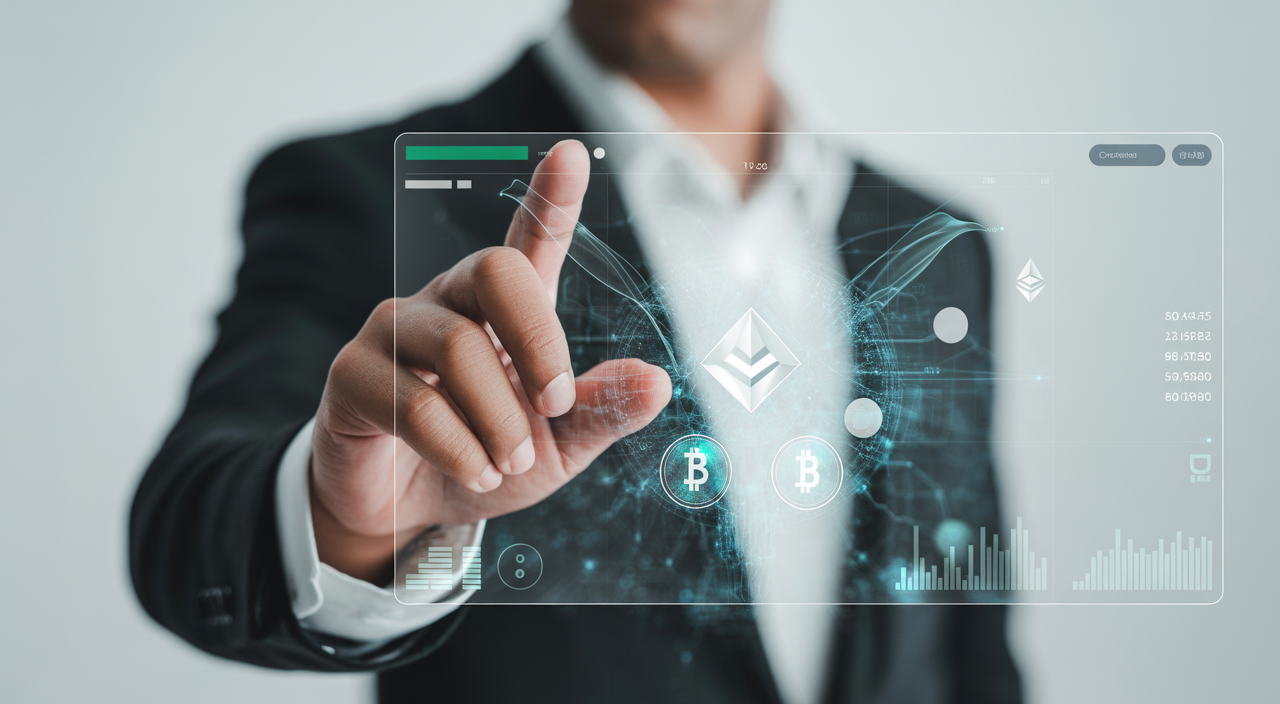 Hand interacting with a digital screen displaying cryptocurrency symbols and financial data, representing the choice of a crypto exchange.