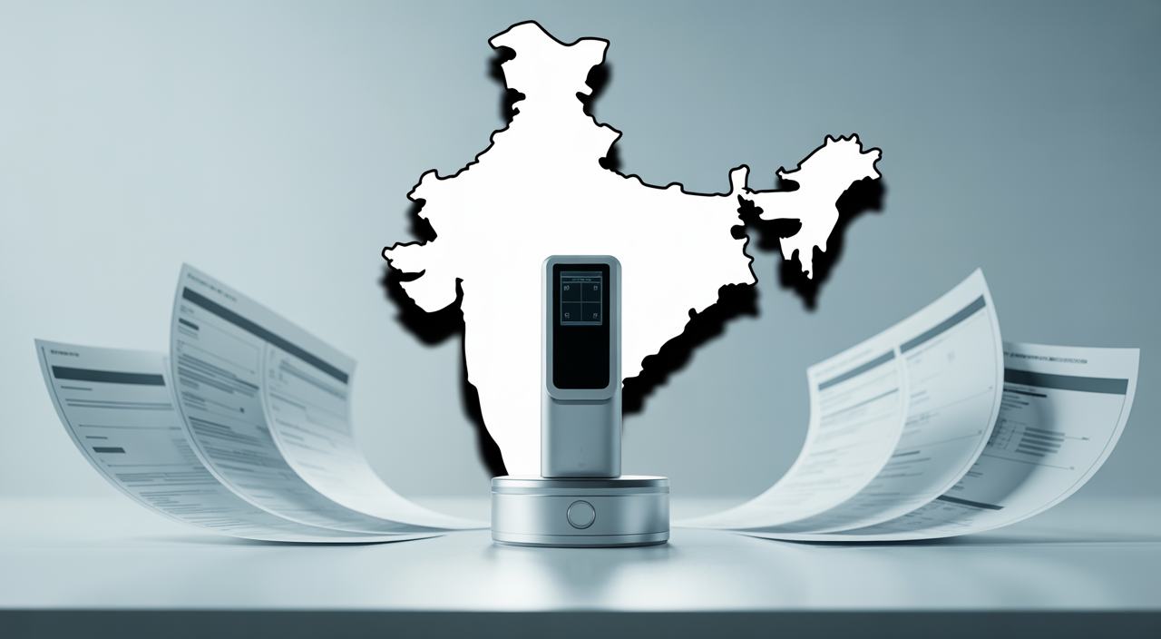 Medical device with regulatory documents and a subtle map of India, symbolizing market entry and compliance.