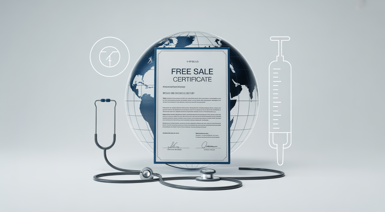 Close-up of a Free Sale Certificate document with a world map and medical device icons, symbolizing global medical device compliance and regulation.