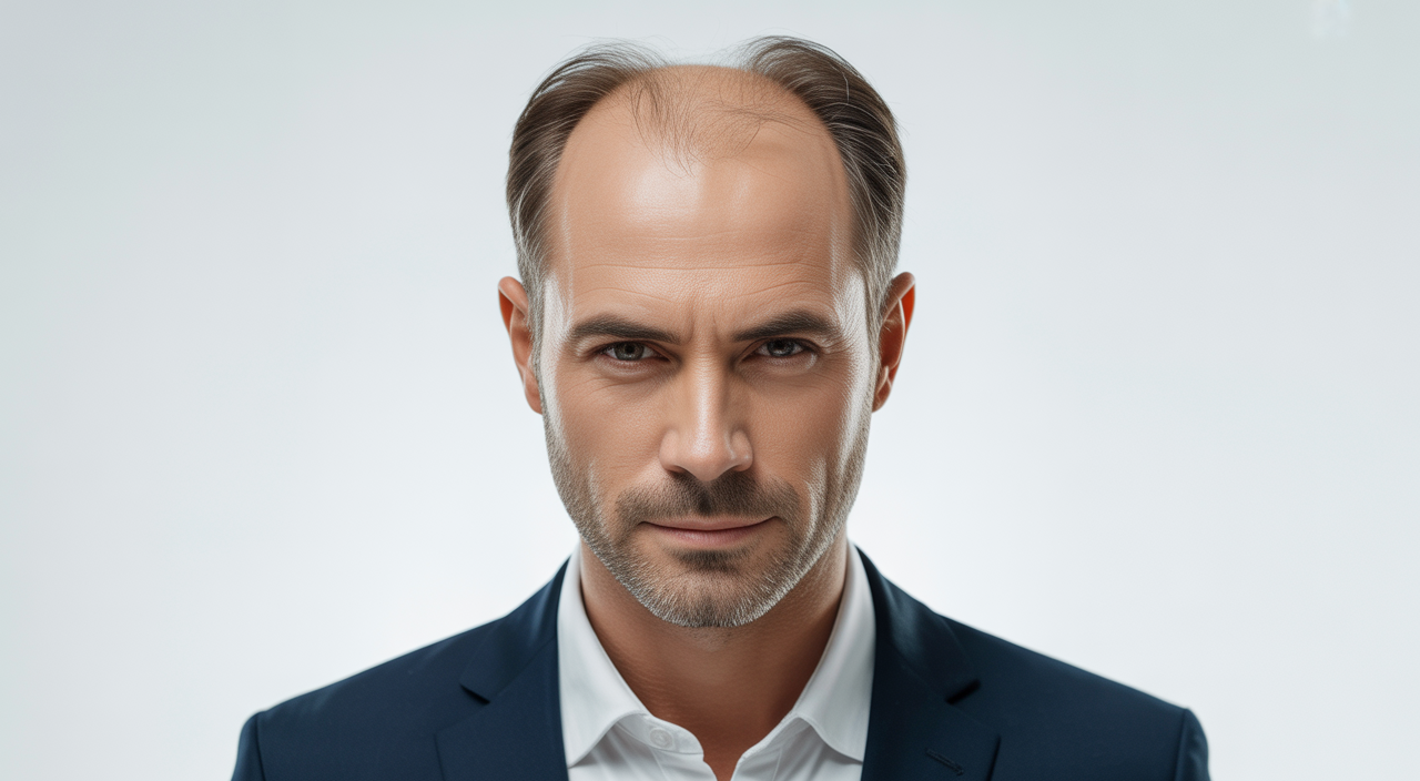 Confident middle-aged man with natural hairline after hair transplant on white background