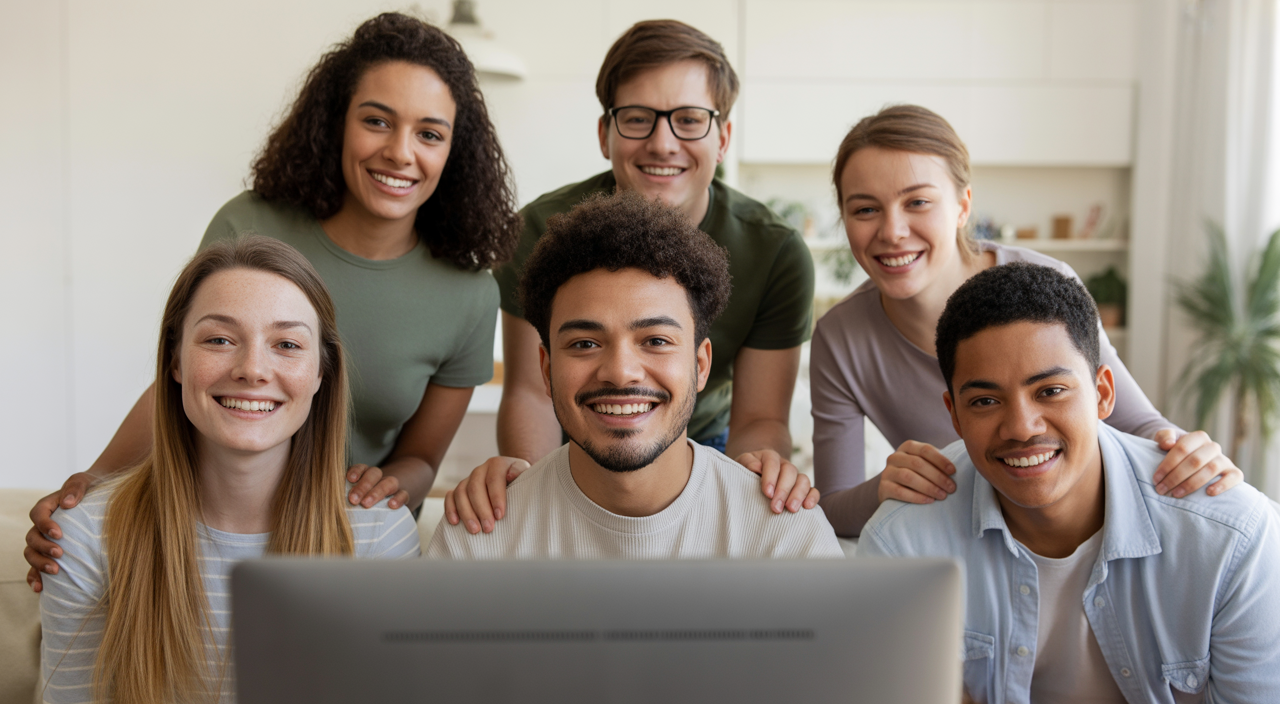 Photorealistic image of a diverse group of young people participating in an online peer support session from home with warm, engaging expressions
