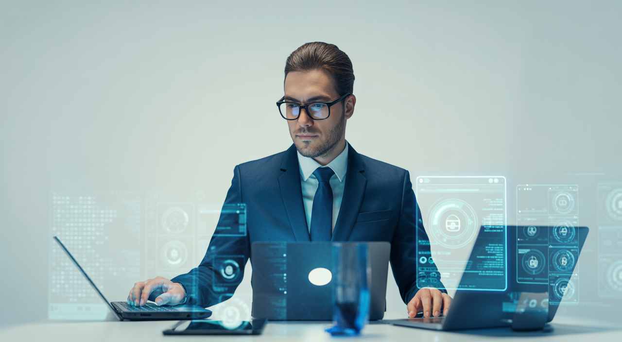Hero image of a confident business professional working on cybersecurity consulting with modern technology and digital security elements
