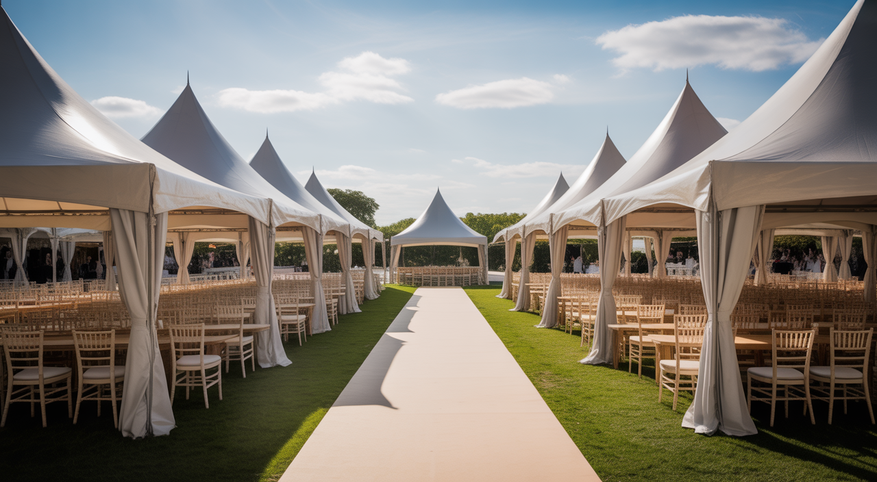 Photorealistic image of a stylish outdoor event setup with tents and arranged seating