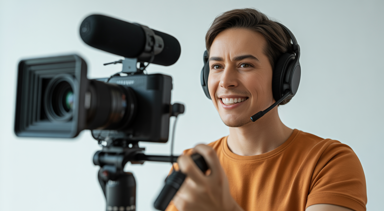 Confident content creator filming a YouTube video in a professional minimal studio with camera and microphone against a clean white background