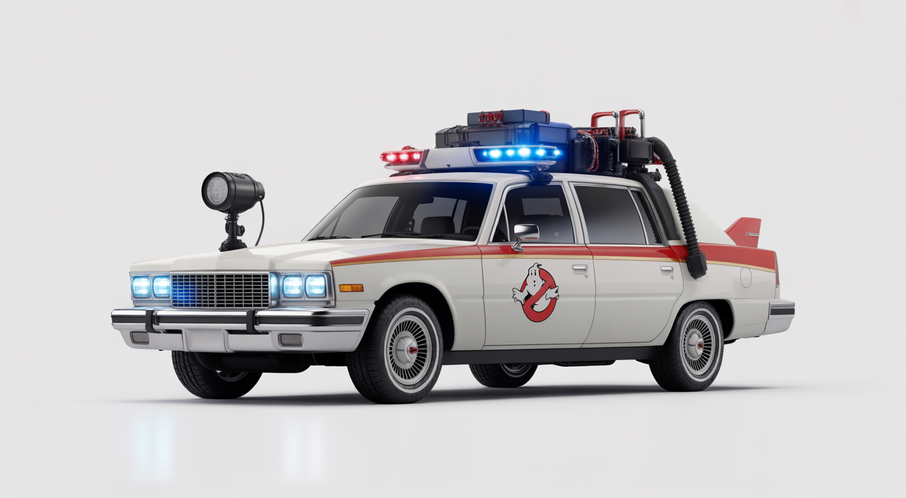 Modern car featuring a Ghostbusters Ecto-1 siren mounted, shown against a clean white background