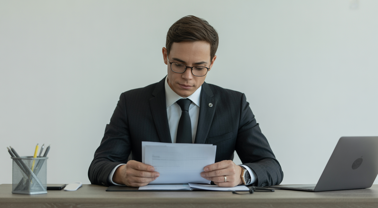Photorealistic image of a SaaS entrepreneur reviewing contracts on a modern white desk in a professional setting