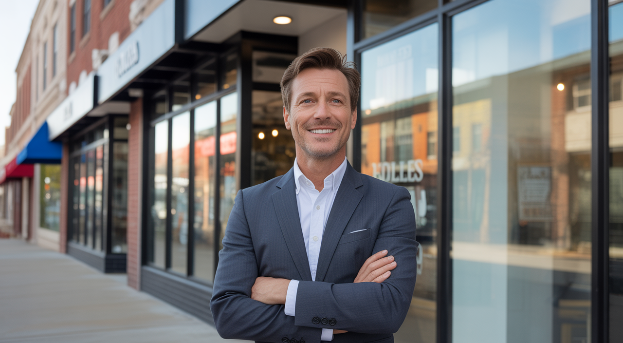 Confident small business owner standing in front of their Kansas storefront with bright natural light and clean background