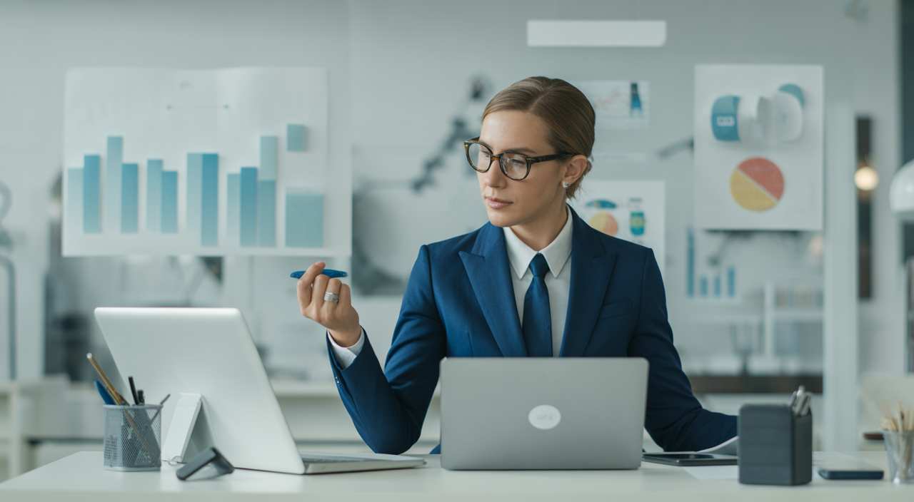 Small business owner working confidently in modern office illustrating marketing strategy and growth