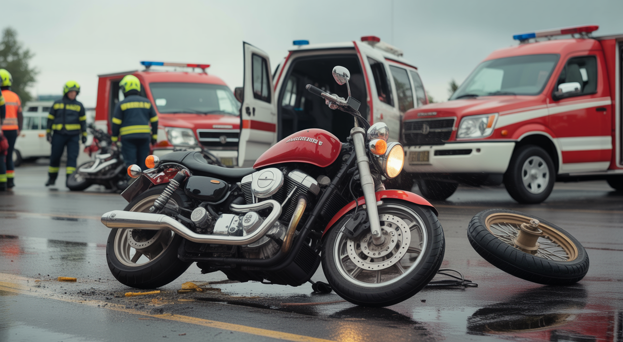 High-quality professional image of motorcycle accident scene with emergency responders and motorcycles on a neutral background