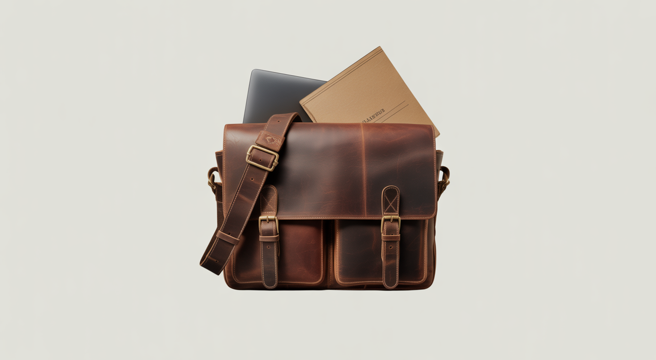 Hero image of a vintage full-grain brown leather messenger bag with brass hardware and a slightly open flap revealing a padded laptop sleeve, on a clean white background