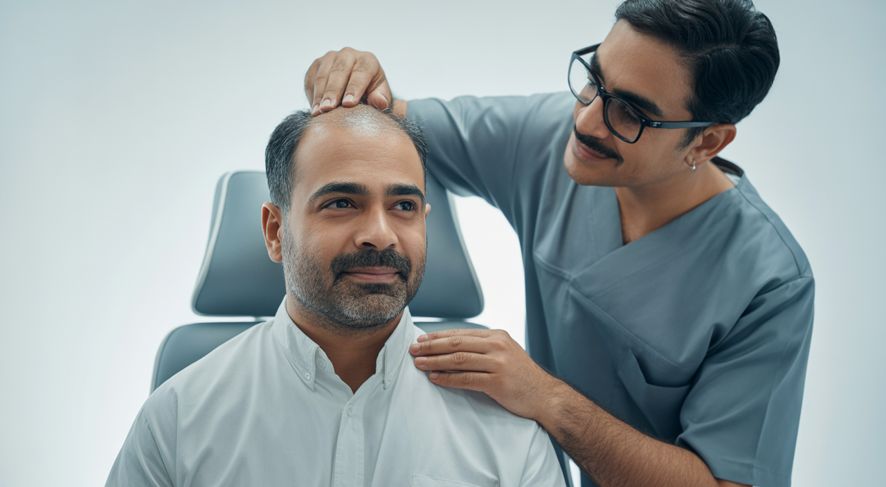 Photorealistic hero photo of a middle-aged Indian man consulting with a hair transplant surgeon in a modern clinic, clean white background
