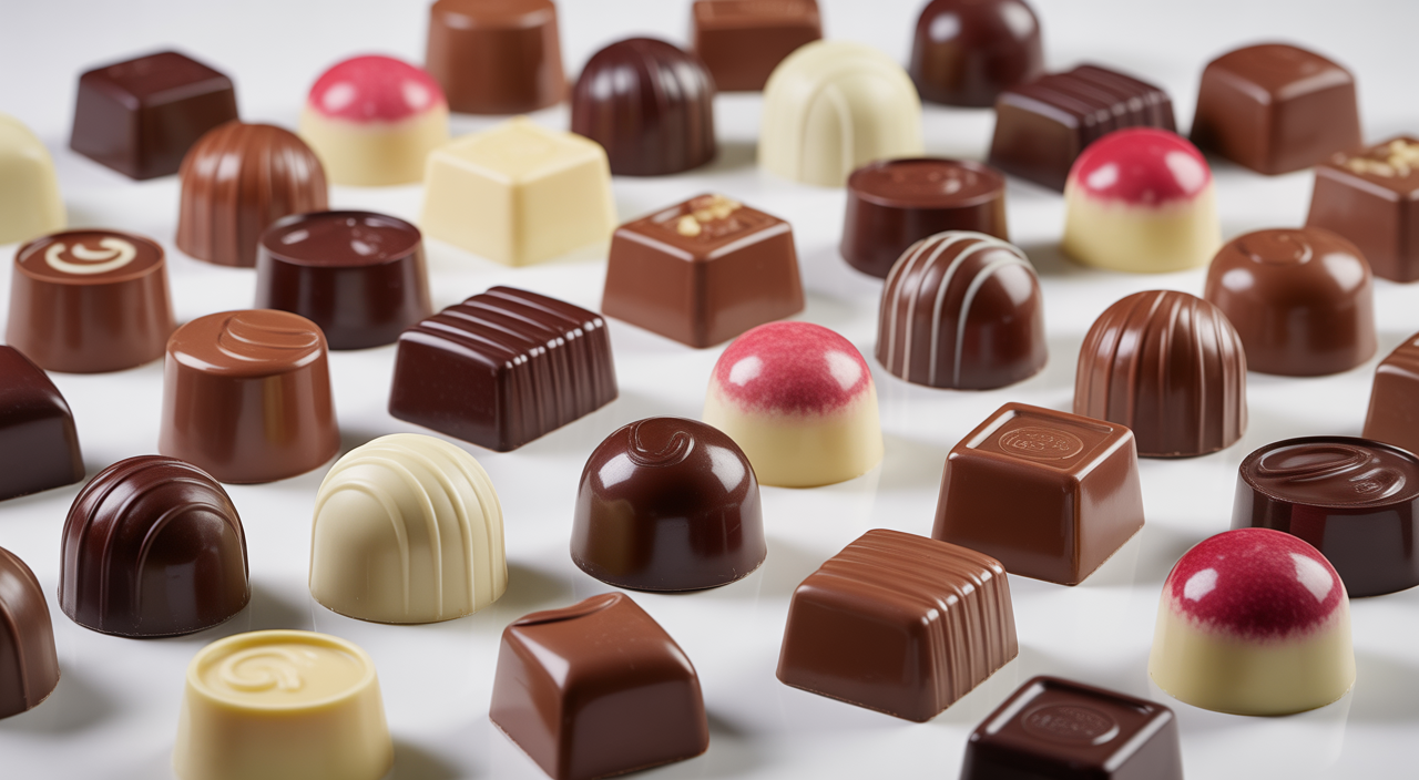 Assorted premium chocolates including dark, milk, white, and ruby types displayed elegantly on a white background