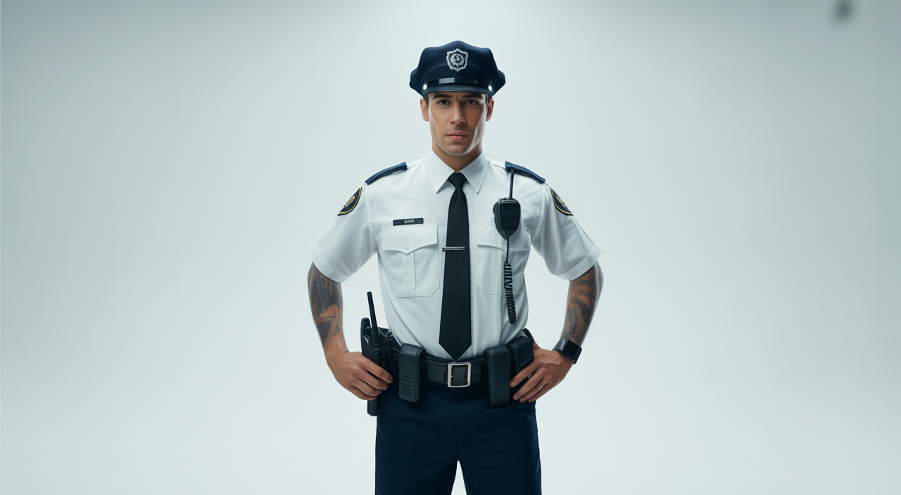 Photorealistic image of a professional security guard in uniform standing confidently against a white background