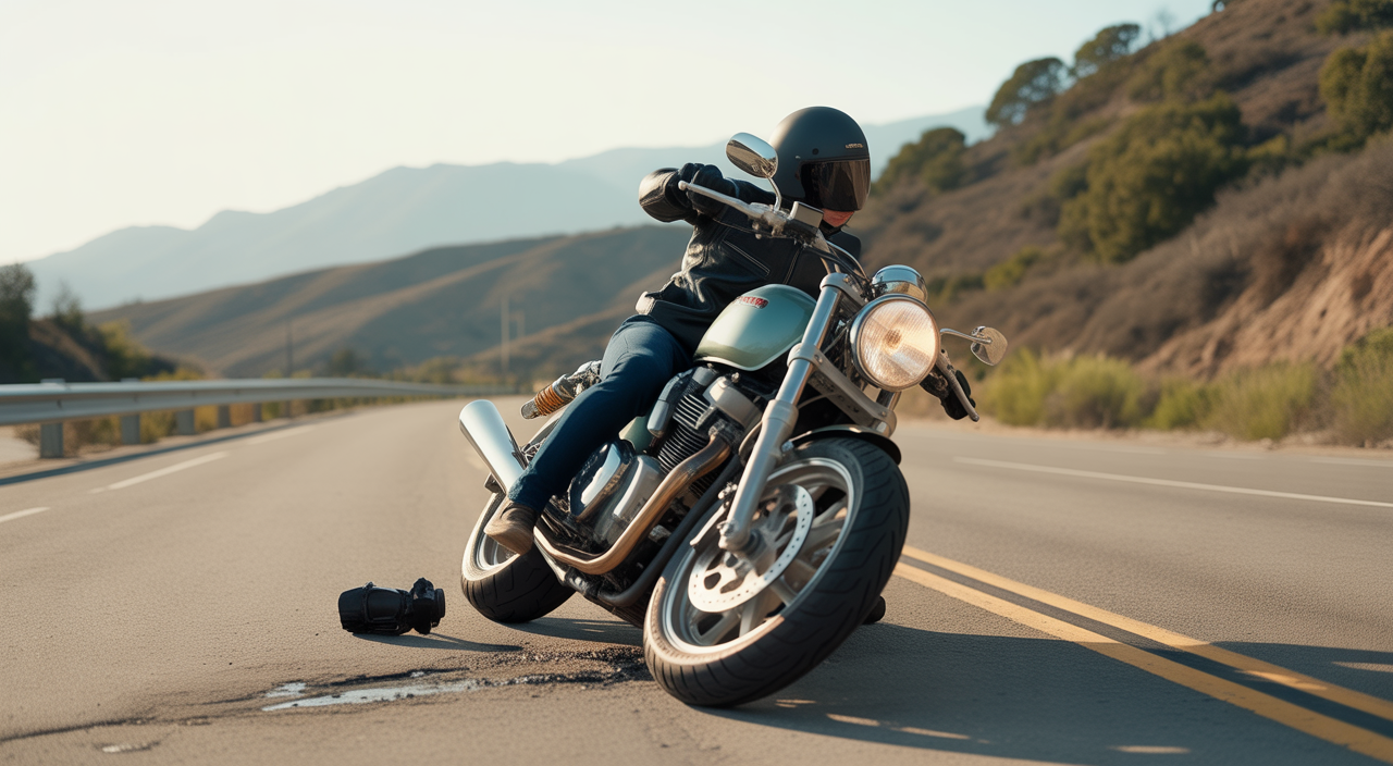 Photorealistic image of a motorcycle accident scene on a California road showing a motorcycle and rider, professional lighting with clean neutral background