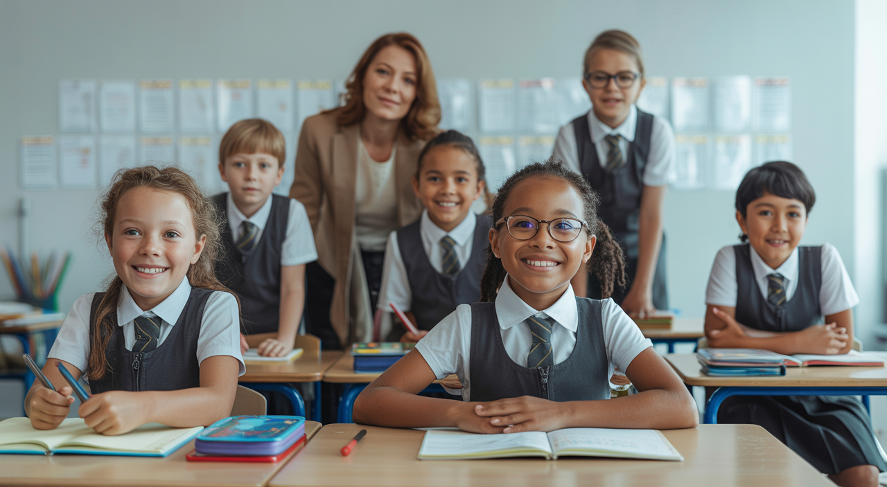 Diverse group of schoolchildren and teacher engaging positively in a modern classroom setting for ABA therapy implementation